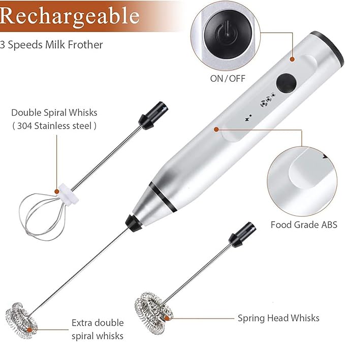 Electric Coffee Mixer Rechargeable Milk Shaker Maker Frother Foamer USB Charging Egg Beater Coffee Beater Handheld 3-Speed Adjustable Blende