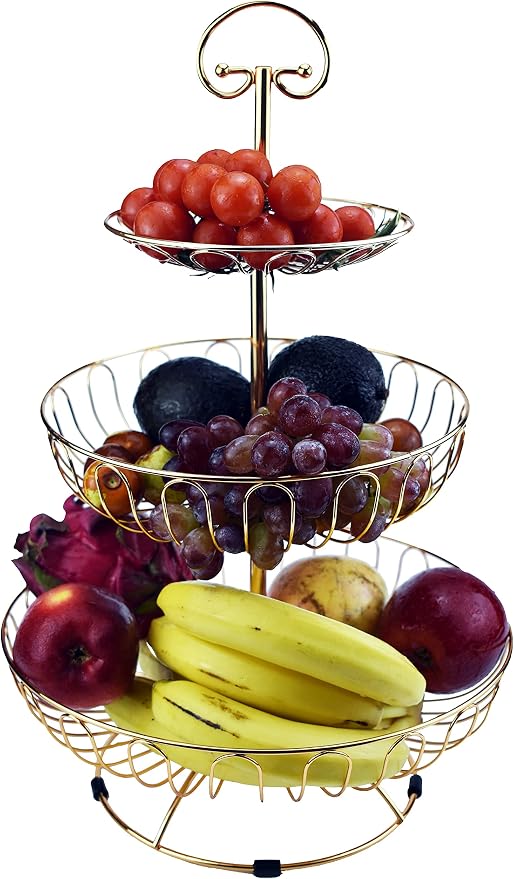 3 Tier Fruit Basket Golden Metal Wire